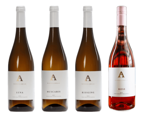 Zestaw letni Winnicy Amelie — cztery wina: Luna, Muscaris, Riesling i różowe Rose