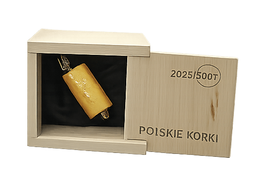Złoty Korek 2026 w drewnianej gablocie SPOT Polskich Korków dla wina Różanka z Winnicy Amelie
