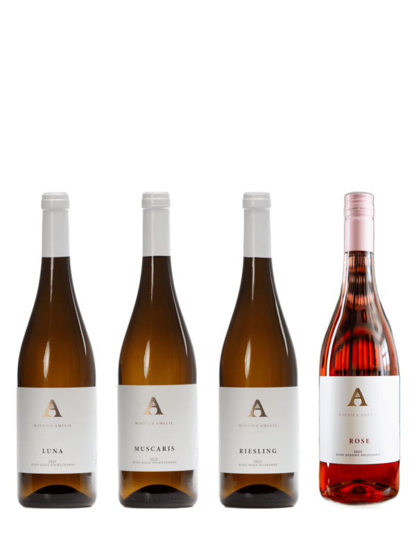 Zestaw letni — cztery butelki wina: Luna, Muscaris, Riesling, Rose