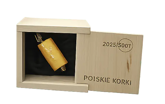 Złoty Korek 2026 w drewnianej gablocie SPOT Polskich Korków dla wina Różanka z Winnicy Amelie